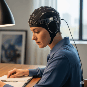 Gorro de neuromodulación craneal, ideal para el tratamiento del tinnitus en el Centro Médico Isomedic de Santiago.